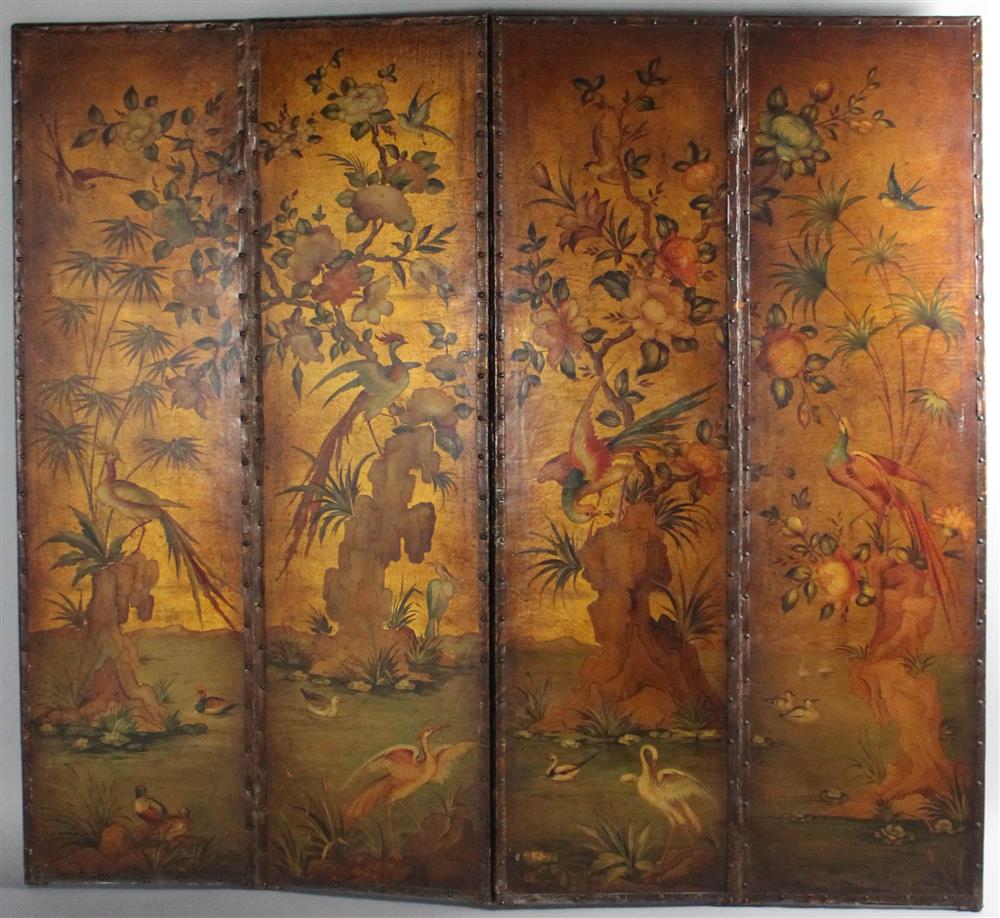 Appraisal: ENGLISH CHINOISERIE STYLE GILT AND POLYCHROME PAINTED LEATHER FOUR PANEL