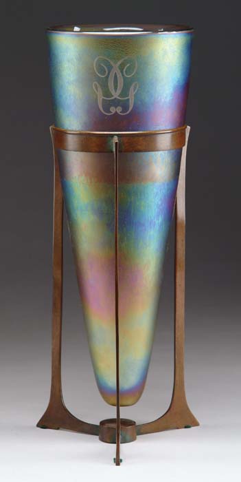 Appraisal: MONUMENTAL LOETZ VASE IN STAND Very unusual Loetz vase has