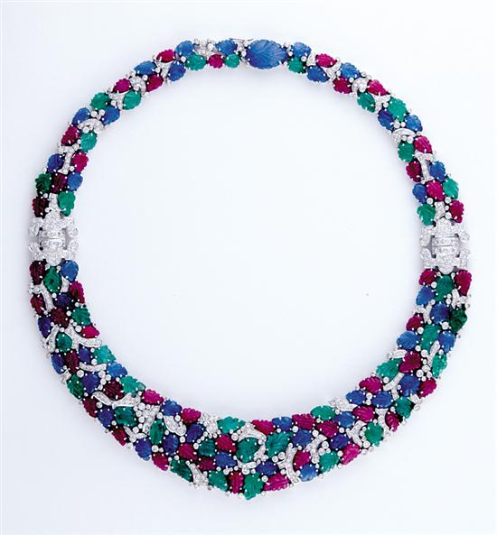 Appraisal: Carved gemstone necklace carved emeralds rubies blue sapphires ctw round-cut