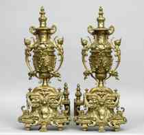 Appraisal: Ornate Cast Brass Andirons ca th Century Urns with floral