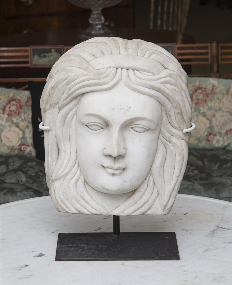 Appraisal: WHITE MARBLE CARVING OF A WOMAN'S HEAD On a metal