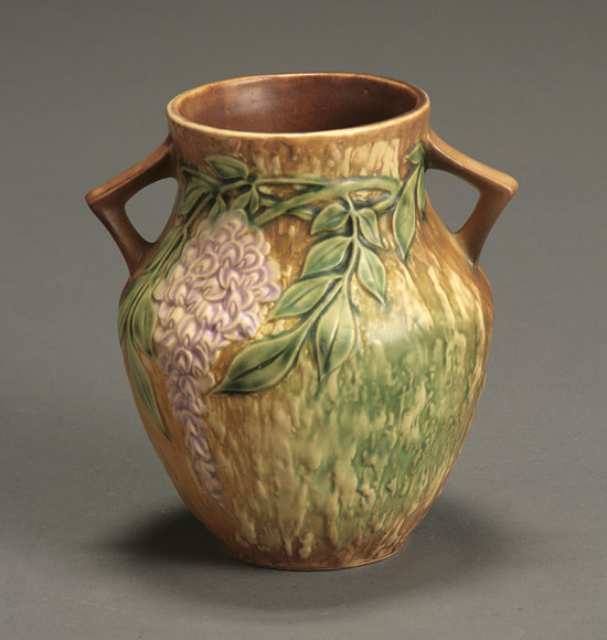 Appraisal: Roseville Wisteria Two-Handled Vase Circa Having a cream and brown