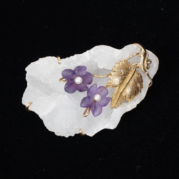 Appraisal: Druzy Quartz K Gold Wrapped Pin with Carved Amethyst Pearl