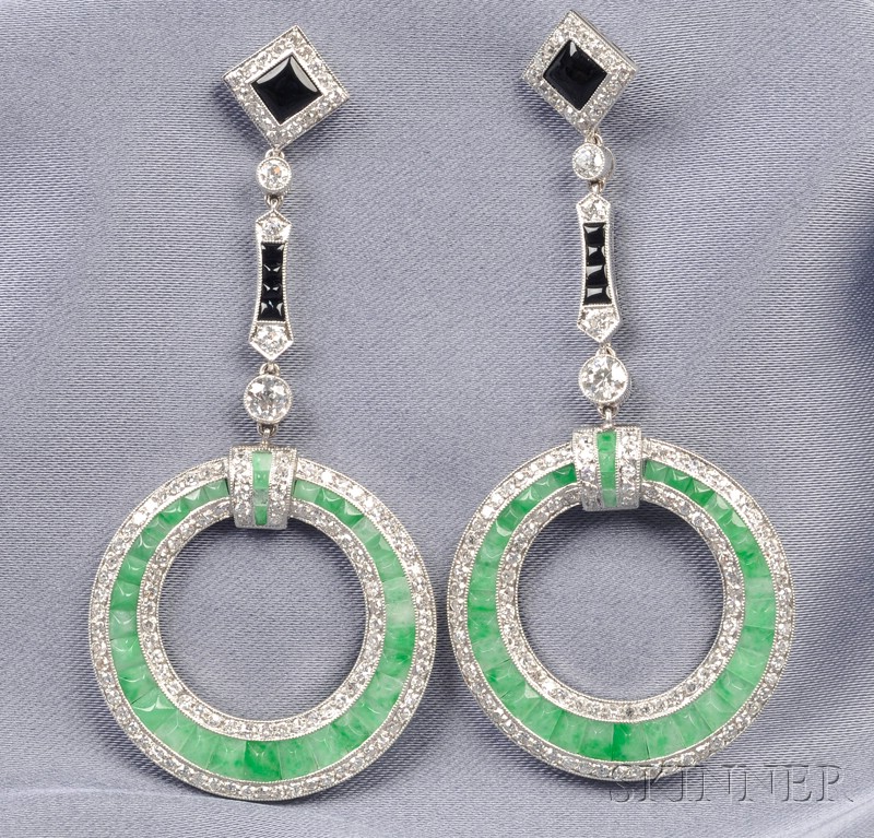 Appraisal: Platinum Jadeite Onyx and Diamond Earpendants each designed as a