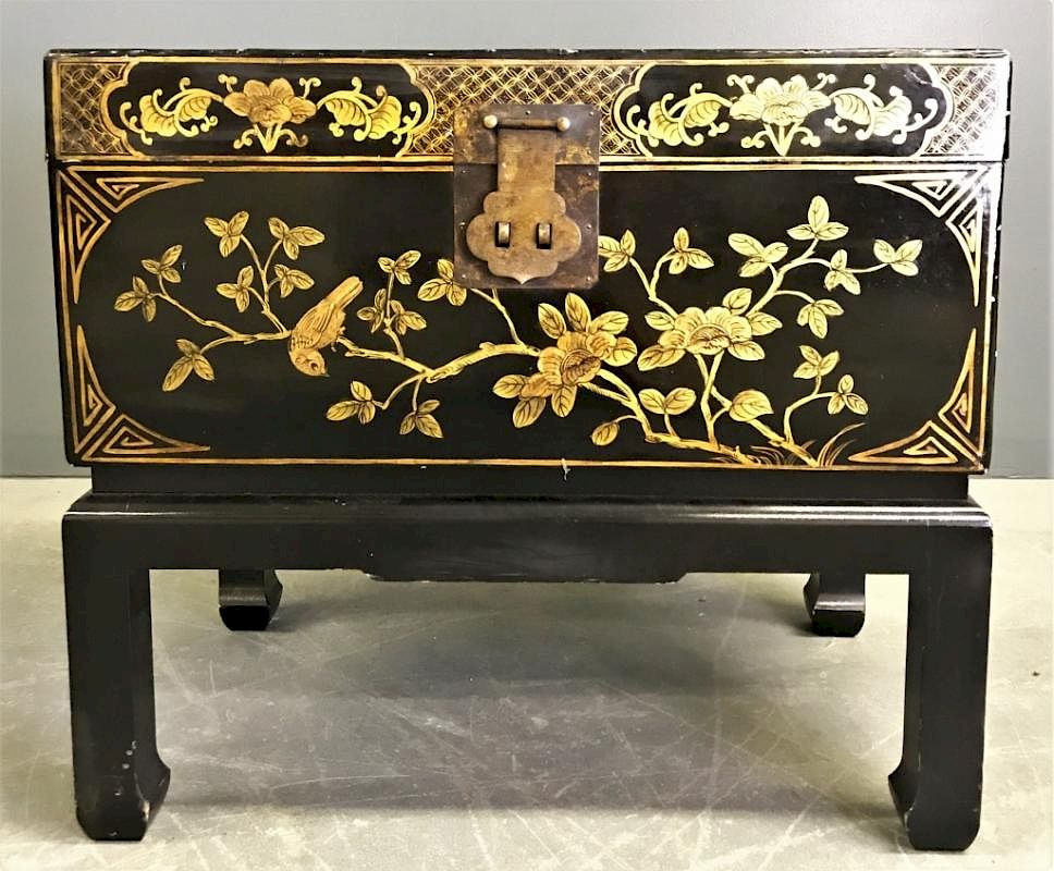 Appraisal: Chinese Black Lacquered Chest Chinese black lacquered chest on stand