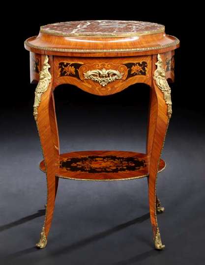 Appraisal: Napoleon III Ormolu-Mounted Kingwood Marquetry and Marble-Top Occasional Table third