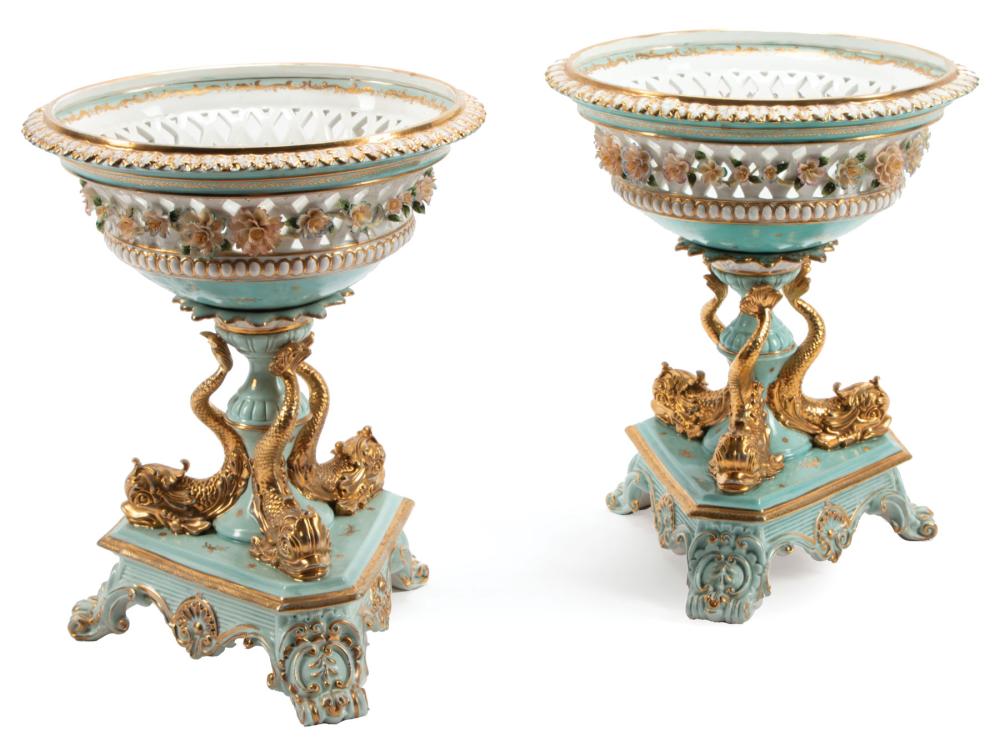 Appraisal: Pair of Continental Polychrome and Gilt Porcelain Compotes reticulated bodies