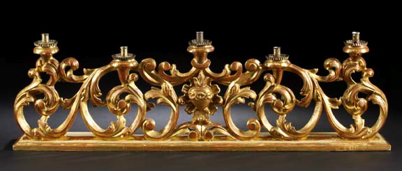 Appraisal: Large Italian Carved Giltwood Five-Candle Altar Light in the neoclassical