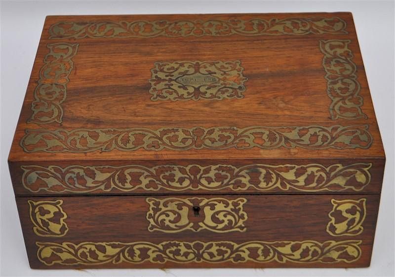 Appraisal: ANTIQUE ENGLISH OAK BRASS INLAID SEWING BOX Antique English Art