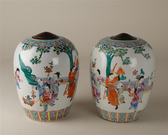 Appraisal: Two Chinese Export Ginger Jars with turned wood covers having