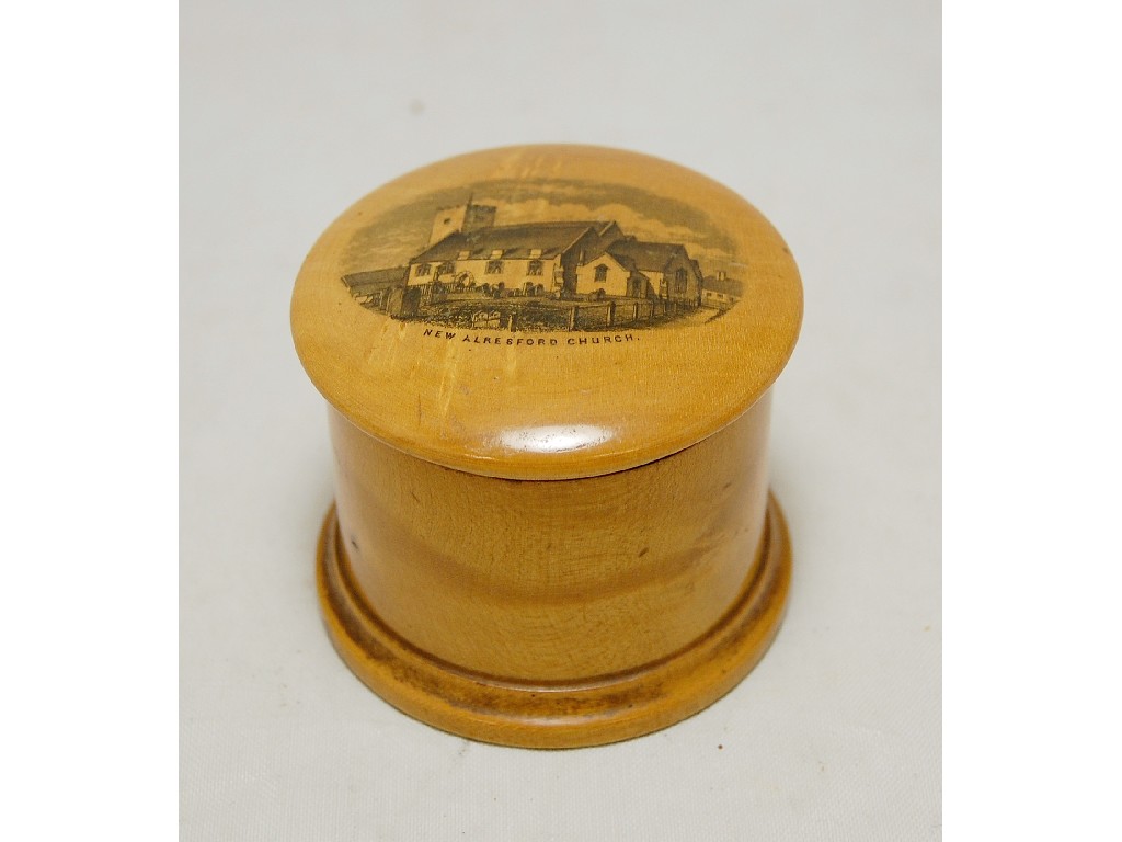 Appraisal: A Mauchlin turned wood cylindrical string box printed with New