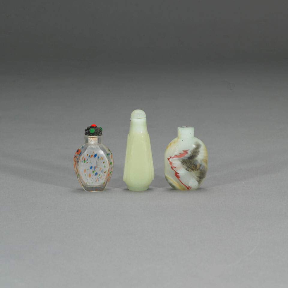 Appraisal: Three Snuff Bottles The first of pale green peking glass