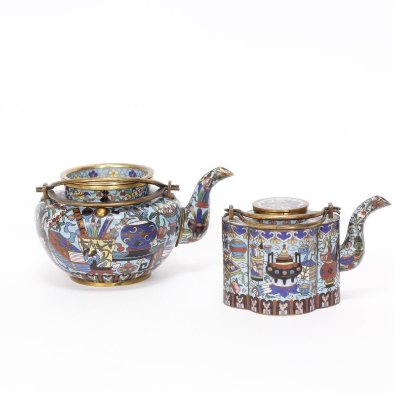 Appraisal: Two Chinese Polychrome Cloisonne Teapots featuring Floral designs with vases