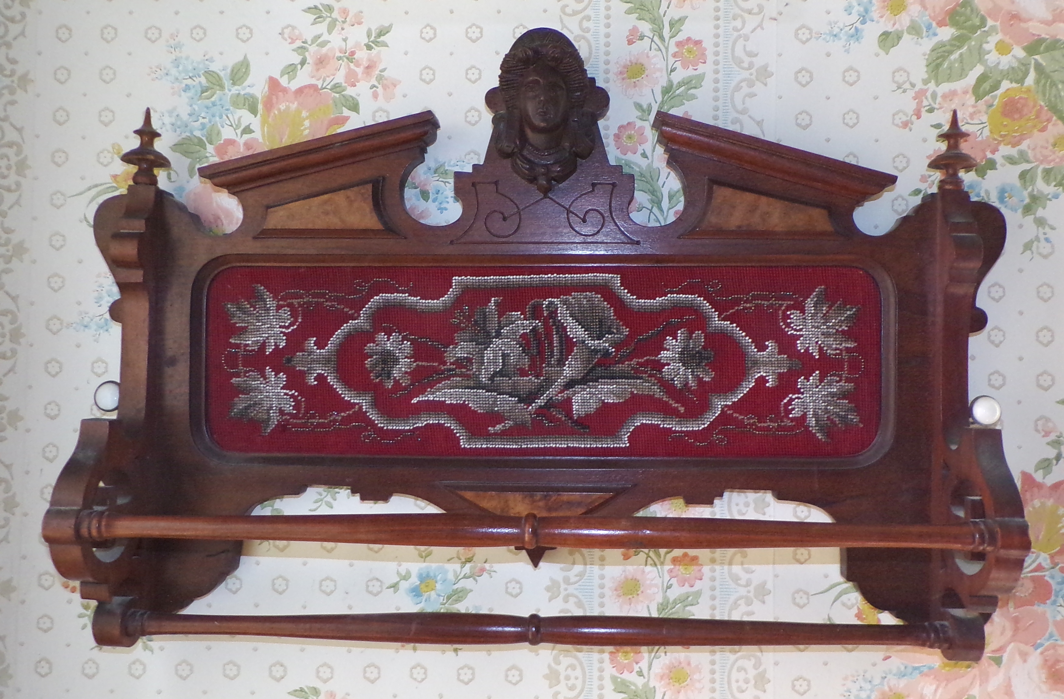 Appraisal: Victorian towel rack with beaded inset panel x x ''