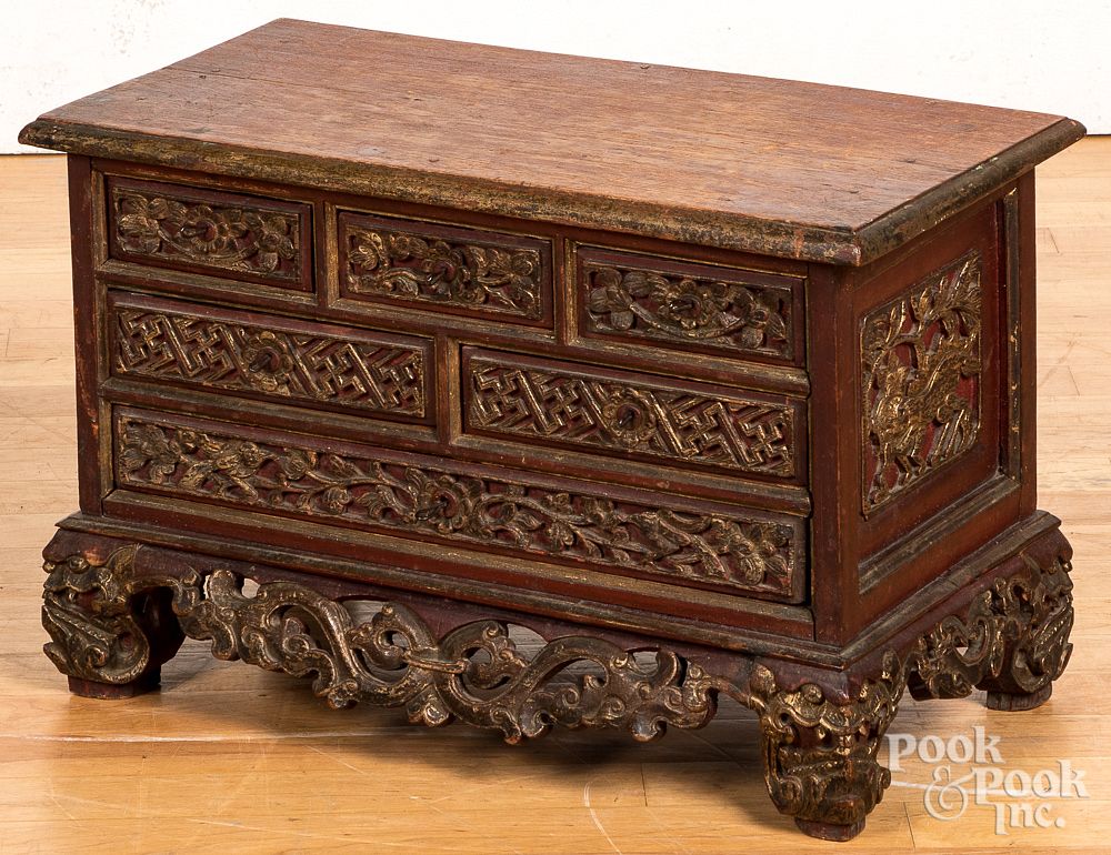 Appraisal: Chinese painted hardwood table top cabinet Chinese carved and painted