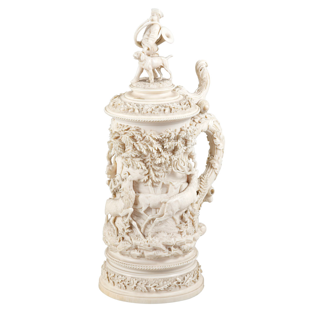 Appraisal: Continental Ivory Hunting Tankard Probably German th century The hinge