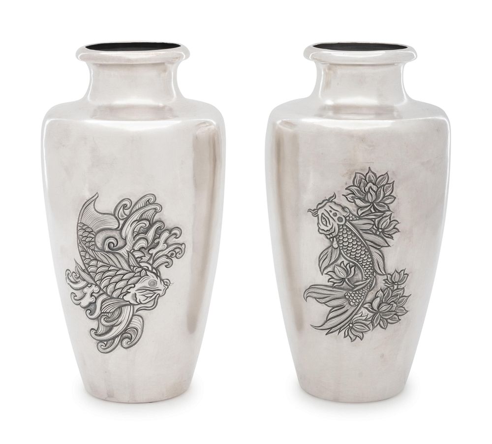 Appraisal: A Pair of Japanese Silver Vases A Pair of Japanese