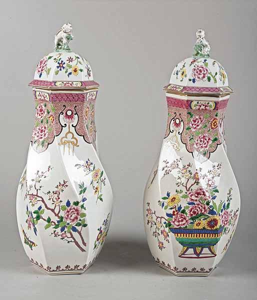 Appraisal: A Pair of Large Samson Porcelain Covered Urns hexagonal swirl