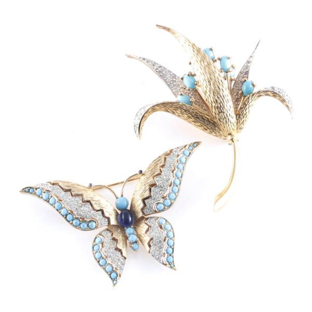 Appraisal: JOMAZ GOLD TONE FLOWER WITH PAVE PETALS AND TURQUOISE COLOR