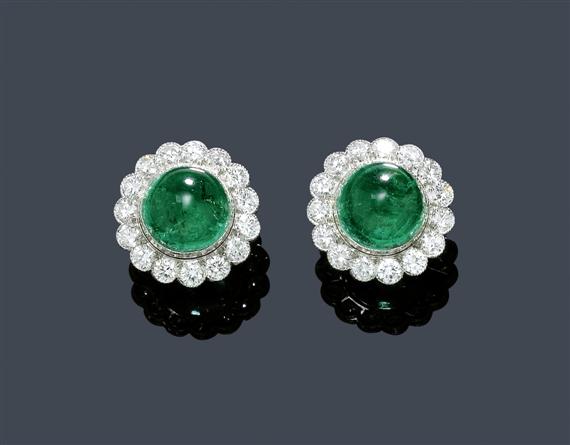 Appraisal: EMERALD AND DIAMOND EAR STUDS circa White gold Elegant flowerhead