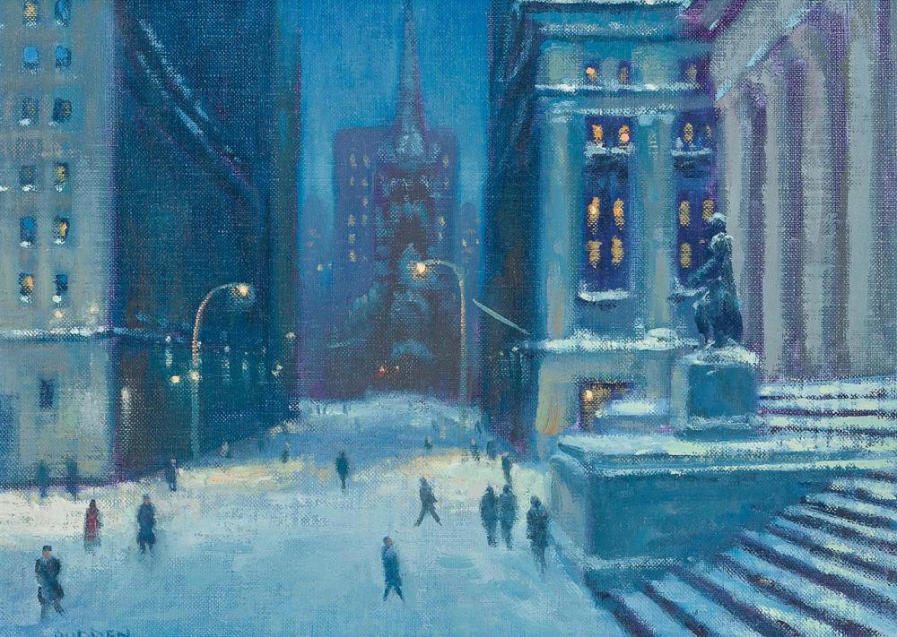 Appraisal: MICHAEL BUDDEN American b Winter Nocturne Wall Street oil on