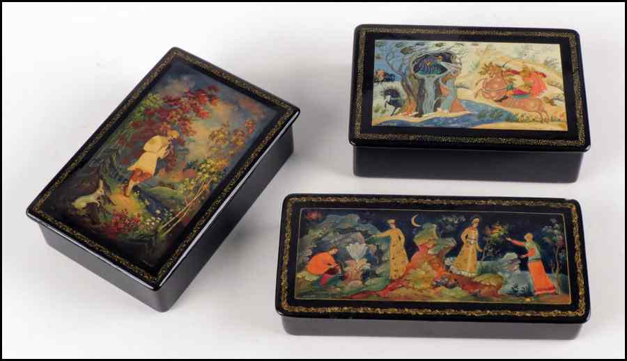 Appraisal: THREE RUSSIAN LACQUERED BOXES Largest '' x '' x ''