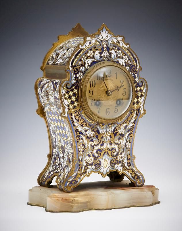 Appraisal: Tiffany Co champleve mantle clock with alabaster base Tiffany Co