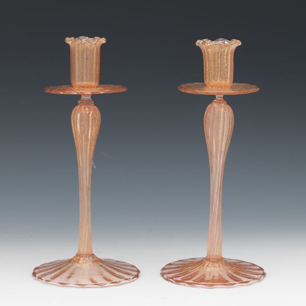 Appraisal: PAIR OF MURANO ART GLASS WITH GOLD FLECKS CANDLESTICKS Blush