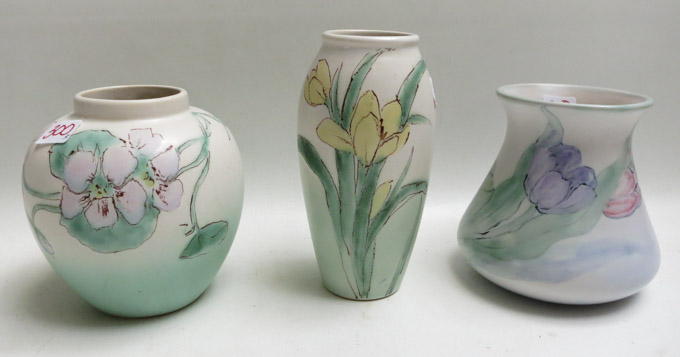 Appraisal: THREE WELLER ART POTTERY VASES hand decorated Creamware of various