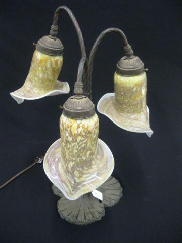 Appraisal: Art Glass Lamp bronzed base trio of mottled art glass