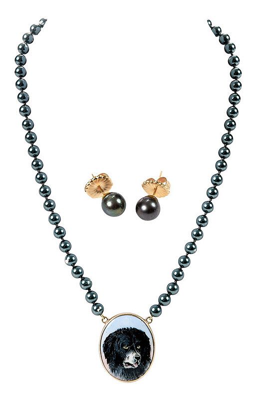 Appraisal: kt Enamel Dog Pendant and Pearl Earrings necklace faux pearls