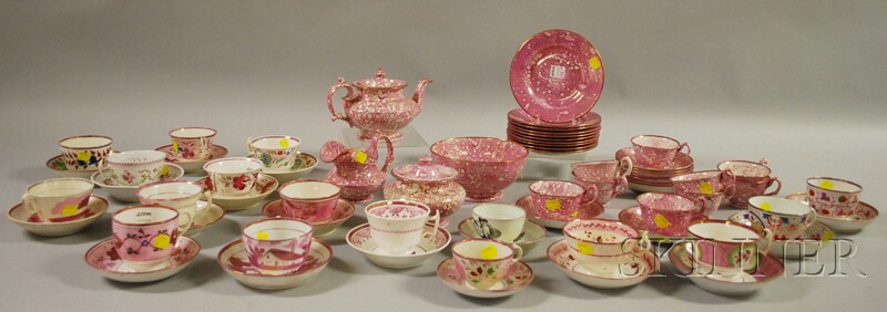 Appraisal: Approximately Sixty-five Pieces of Mostly Sunderland Pink Lustre Teaware including