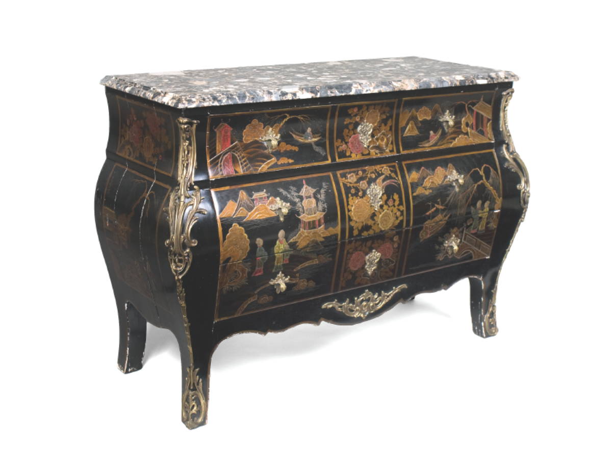 Appraisal: LOUIS XV STYLE JAPANNED BOMBE COMMODE WITH ORMOLU MOUNTS AND