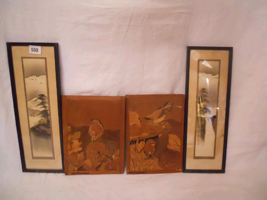 Appraisal: A quantity of pictures and prints including two marquetry pictures