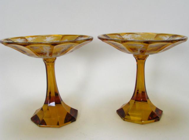 Appraisal: Pair of Amber cut to clear Bohemian glass pedestal compotes