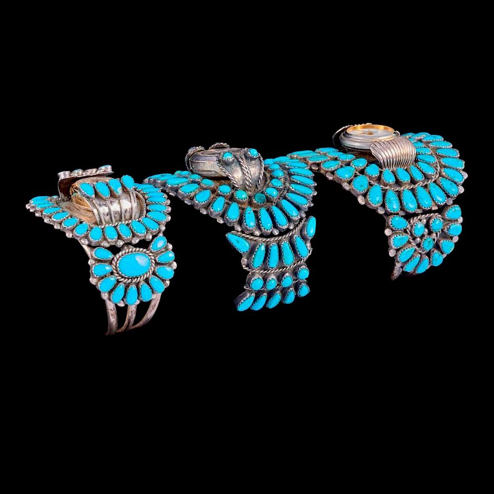 Appraisal: NAVAJO WATCH CUFF BRACELETS Three Old Pawn Southwest turquoise silver