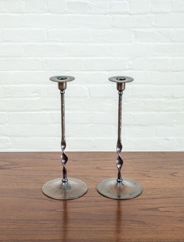 Appraisal: PAIR OF ROYCROFT HAND-HAMMERED COPPER CANDLESTICKS Marked x in diam