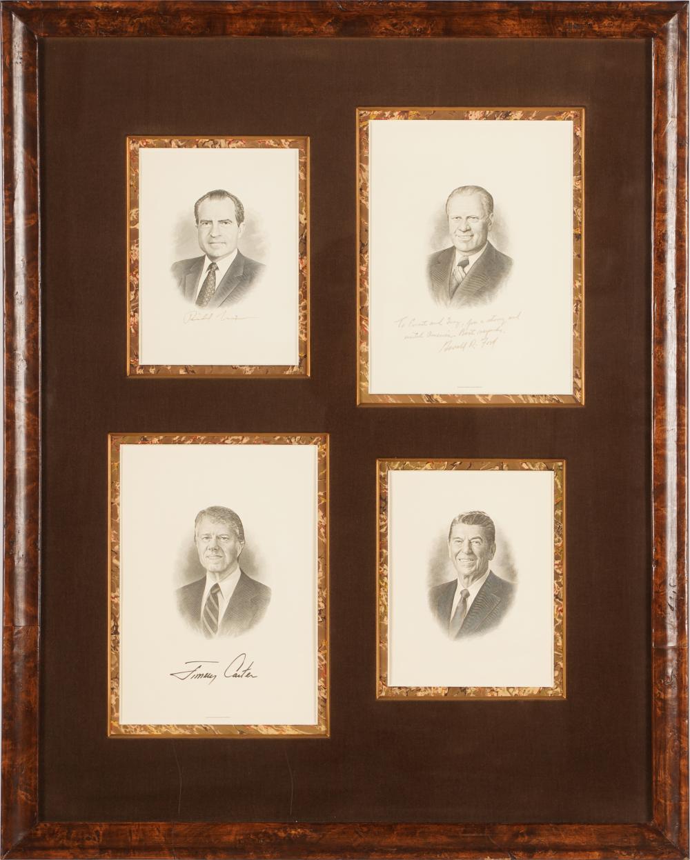 Appraisal: PRESIDENTIAL AUTOGRAPHS DISPLAYcomprising three signed engravings one each of Nixon