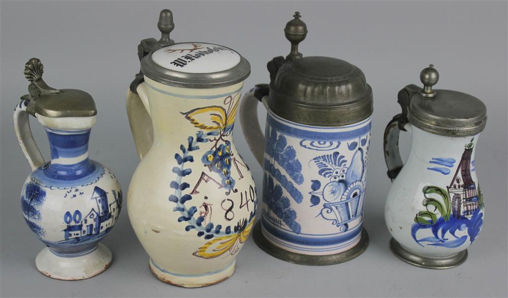 Appraisal: FOUR CONTINENTAL FAIENCE STEINS th th Century including two blue