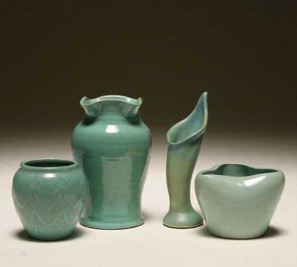 Appraisal: Four art pottery vases with green glazes including Van Briggle