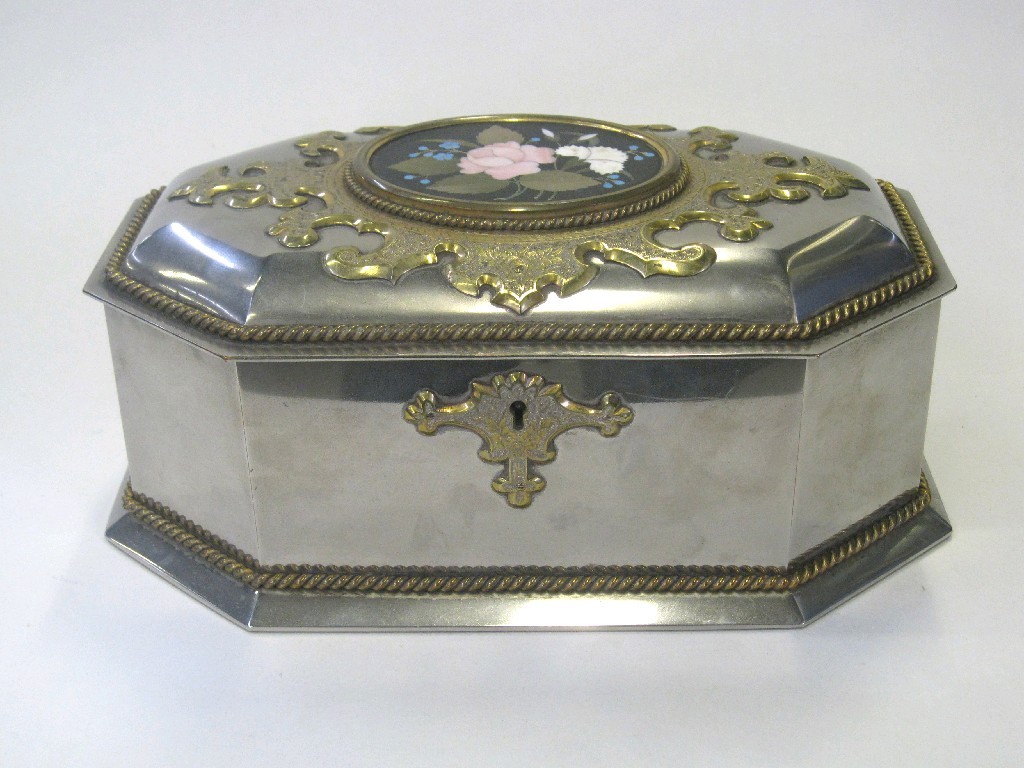 Appraisal: White metal and pietra dura casket with brass mount escutcheon