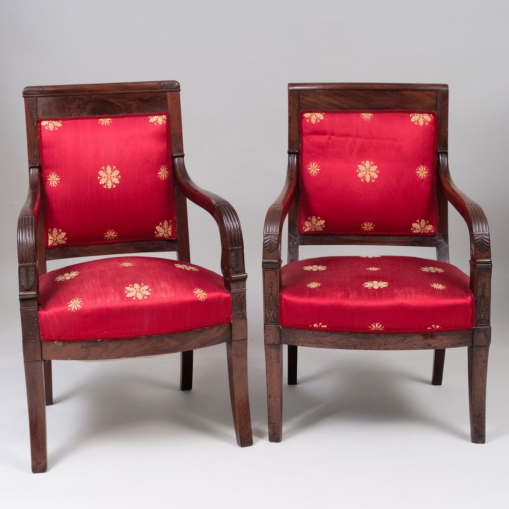 Appraisal: Assembled Pair of Empire Mahogany Fauteuils la Reine The larger