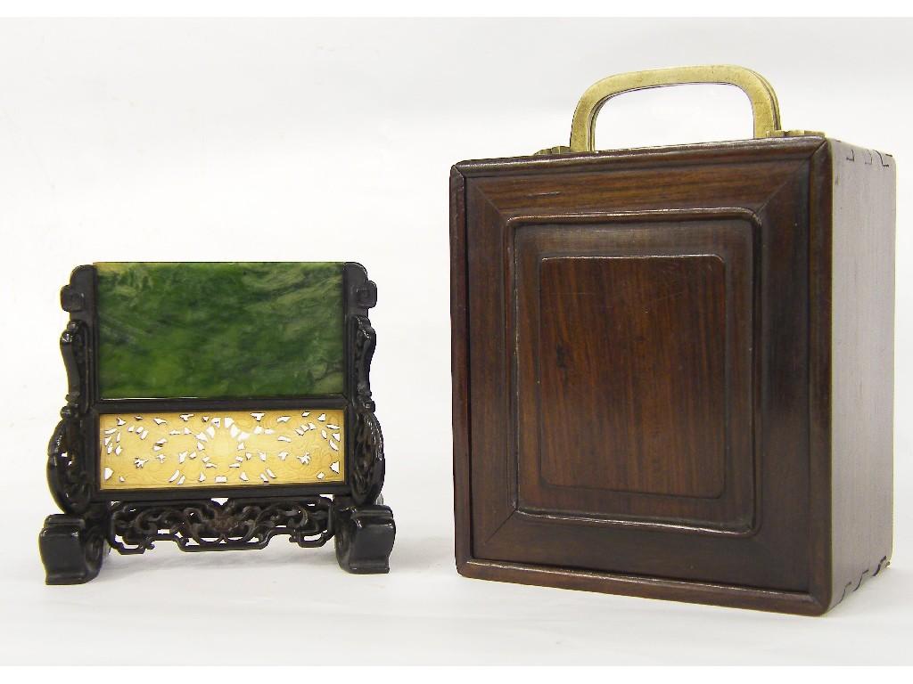 Appraisal: Small interesting Oriental table screen with sliding spinach green jade