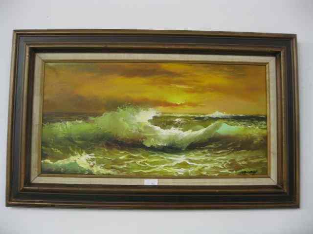 Appraisal: Henrey Oil rough surf at sunset on canvas image area