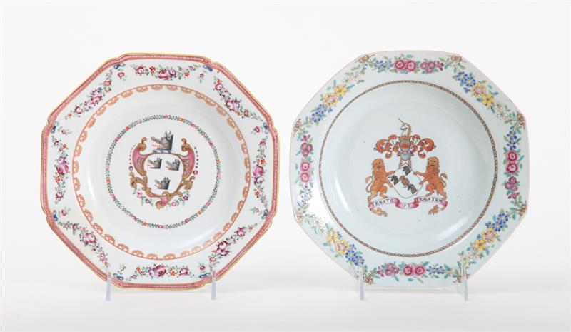 Appraisal: TWO CHINESE FAMILLE ROSE EXPORT ARMORIAL PORCELAIN OCTAGONAL SOUP PLATES