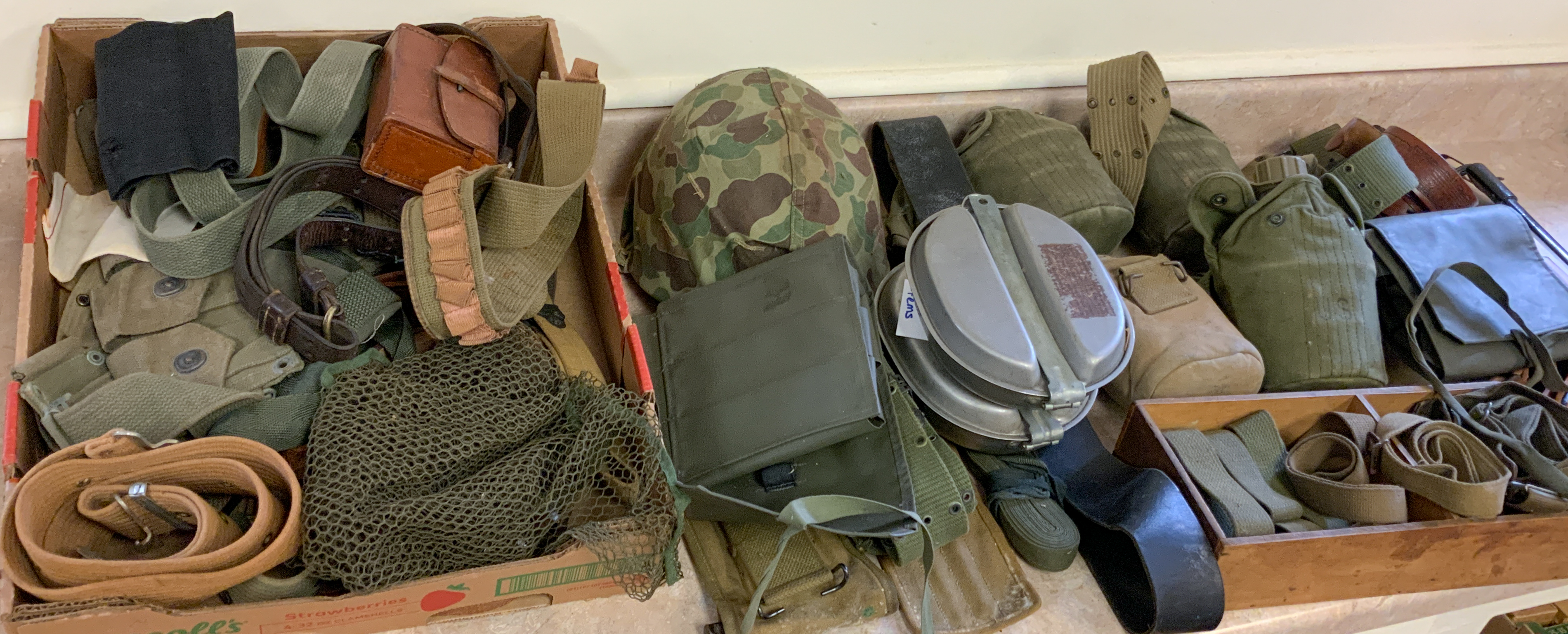 Appraisal: GROUP OF MILITARY ITEMS Including belts canteens mess kits pouches