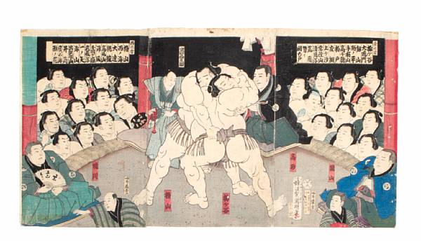 Appraisal: Kuniaki triptych depicting a Sumo wrestling contest fading holes stains