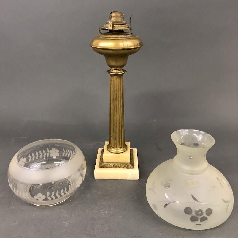 Appraisal: Cornelius Brass Marble Table Lamp with Shades Cornelius brass and