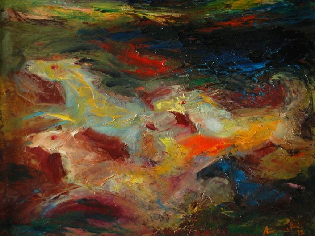 Appraisal: ALBIN TROWSKI b OIL ON CANVAS'Horses in abstract landscape'signed and