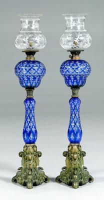 Appraisal: Pair cobalt cut-to-clear lamps cast brass bases with swan s